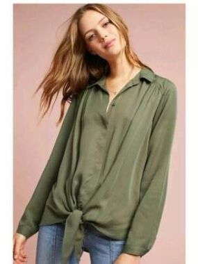 Maeve by Anthropologie Tuesday Long Sleeve Button Down Front Tie Collared Shirt